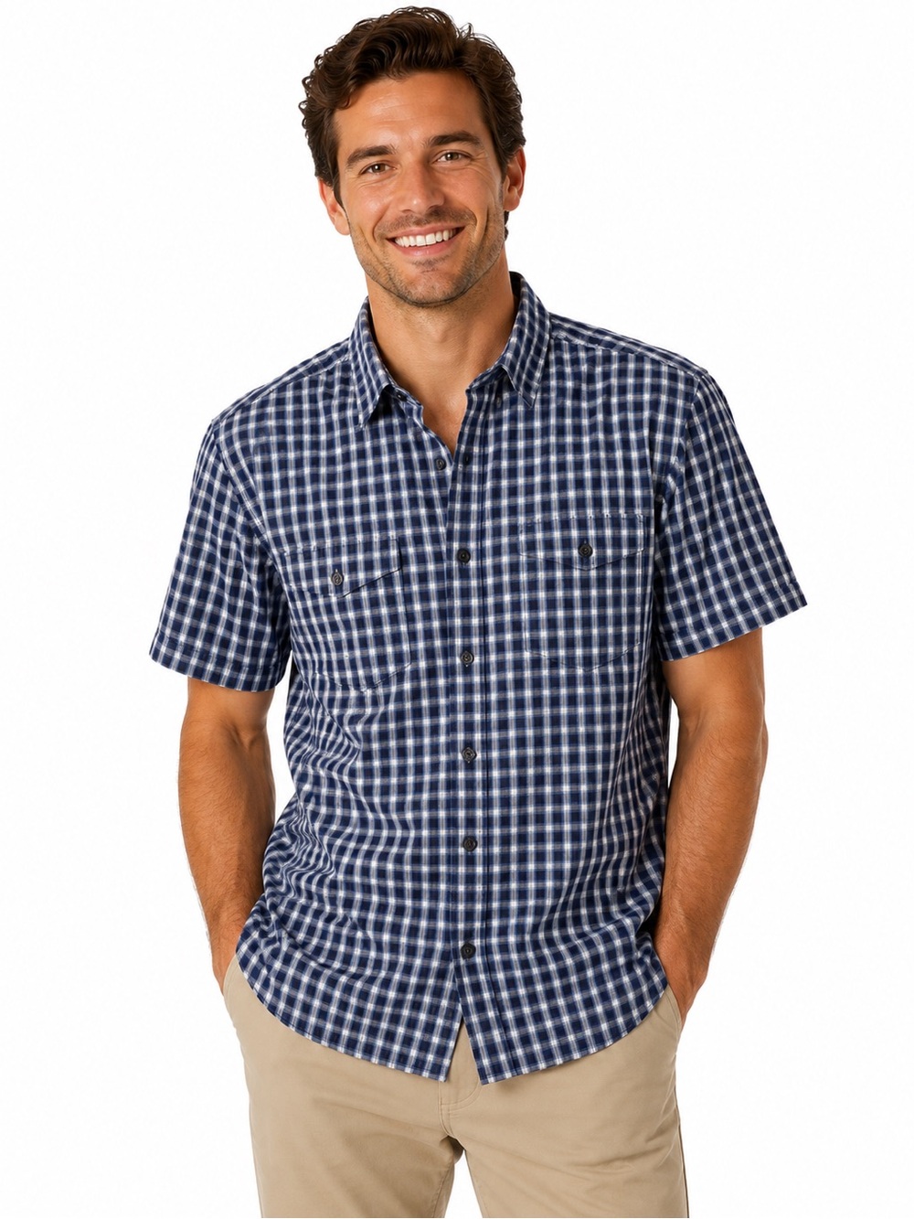 Men's Navy Blue Check Short-Sleeve Button-Up Shirt - 0631